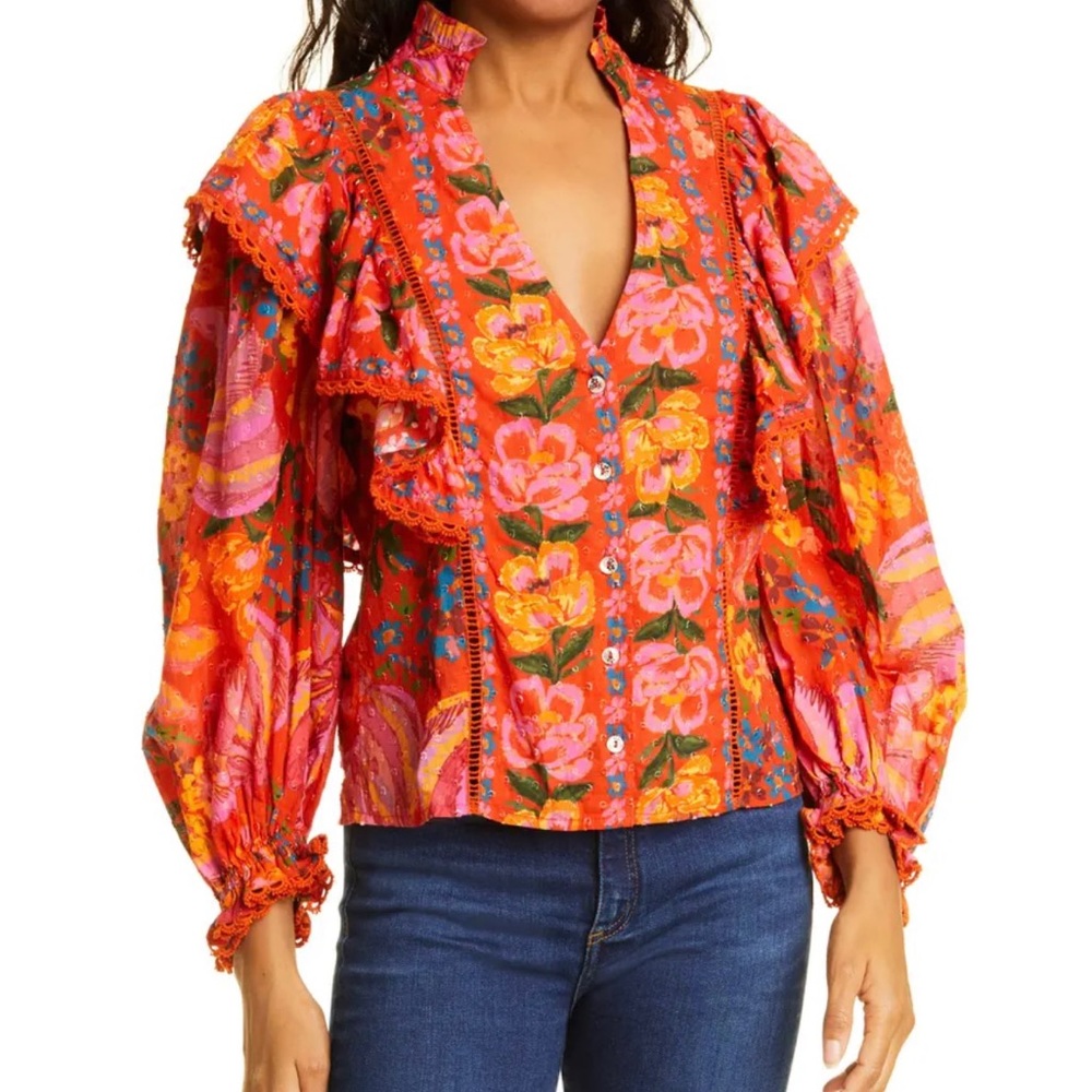 Farm Rio Bananas Ruffle Clip Dot Textured Cotton Blouse RED Puff Sleeve XS